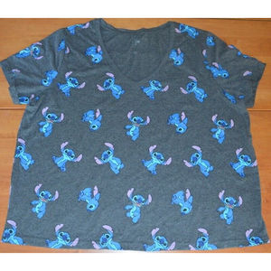 Women's Disney All Over Stitch Pattern Dark Gray Sz 2XL V-Neck T-Shirt NICE